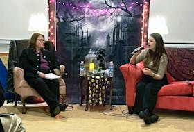 Susan MacNeil Singh, left, speaks about the storied Black Brook witch with Wendy Bergfeldt at the Spirits Spectres and Restless Souls book launch. CONTRIBUTED