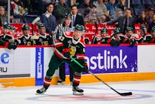 Halifax Mooseheads defenceman Jake Furlong looks to make a pass during a QMJHL game at the Scotiabank Centre earlier this season. - QMJHL