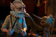 Boop! Geppetto (David Bradley) and Pinocchio (Gregory Mann) in Guillermo Del Toro's Pinocchio.