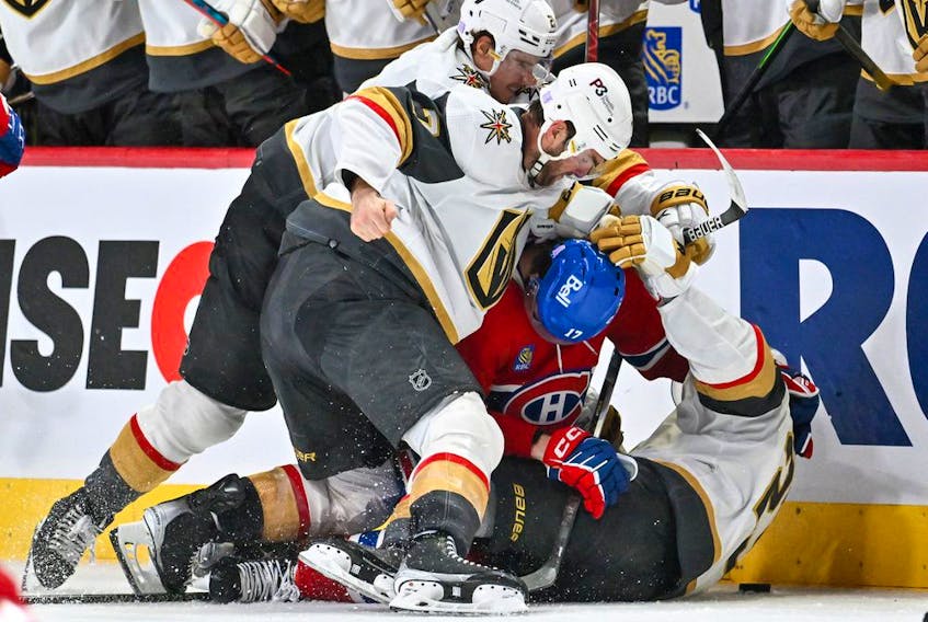 Alex Pietrangelo of the Vegas Golden Knights throws punches at Josh Anderson of the Canadiens during the third period at the Bell Centre in Montreal on Nov. 5, 2022.