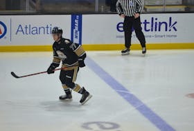 Charlottetown Islanders defenceman Anton Topilnyckyj, 77, in action during a Quebec Major Junior Hockey League (QMJHL) game at Eastlink Centre earlier this season. Topilnyckyj scored his first career regular-season goal in the QMJHL on Nov. 12. The marker proved to be the game-winner in the Islanders’ 2-0 road win over the Halifax Mooseheads. Jason Simmonds • The Guardian