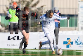 Carter Brown of the Cape Breton Capers, left, challenges Salim Eliasy of the Montreal Carabins during U Sports Men's Soccer Championship bronze medal action at Hillside Stadium in Kamloops on Sunday. Montreal won the game 3-0. PHOTO CONTRIBUTED/U SPORTS.