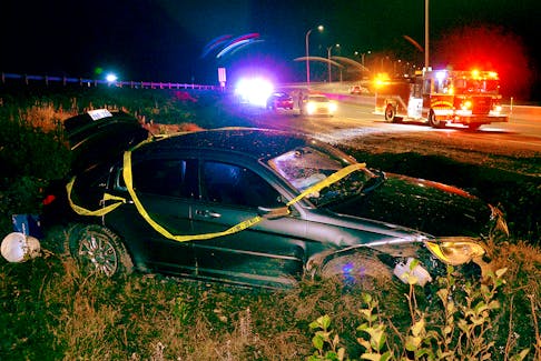 There were no injuries when this car left the road on the Team Gushue Highway Sunday night. Saltwire staff