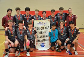 The Colonel Gray Colonels defeated the Bluefield Bobcats 3-2 in a P.E.I. School Athletic Association Senior AAA Boys Volleyball League gold-medal match at Charlottetown Rural High School on Nov. 12. Scores were 25-16, 25-15, 19-25, 20-25 and16-14. Members of the Colonels are, front row, from left, Nathan Whitnell, Desmond Cunniffe, Seth Gauthier, Miki Bain Dalton Scales and Eric Huang. Back row, from left, are Tristan Atkins (assistant coach), Robbie Douglas, Zach Harris, Jonah Murphy, Brayden Bruce, Jonah Bowie, Alex Nicholson and Max Arsenault (head coach). Jason Simmonds • The Guardian