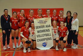 The Charlottetown Rural Raiders edged the Colonel Gray Colonels 3-2 in the P.E.I. School Athletic Association (PEISAA) Senior AAA Girls Volleyball League gold-medal match at Charlottetown Rural High School on Nov. 12. Scores were 29-27, 26-24, 23-25, 20-25, 15-13. Members of the Raiders are, front row, from left, Isabelle McGeoghegan, Alanna Mabey, Sadie Doyle and Kelly Tuttle. Back row, from left, are Alice Champion (head coach), Ava Hodder, Penny Olscamp, Rebekah McGeoghegan, Chloe Jeffery, Alina Crockett, Sahara MacLean, Sarah Nicholson, Emma King and Bella Walsh (assistant coach). Jason Simmonds • The Guardian