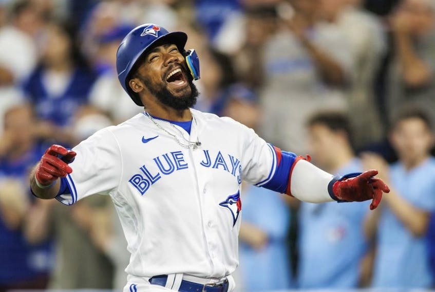 Teoscar Hernandez of the Toronto Blue Jays celebrates his two-run home run in the eighth inning against the Philadelphia Phillies at Rogers Centre on July 13, 2022 in Toronto, Canada.