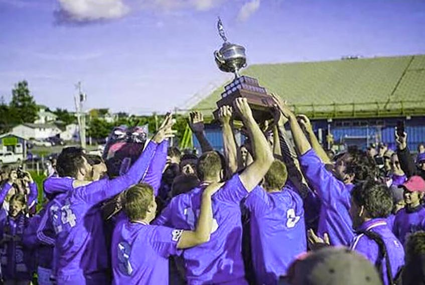 In 2016, the Laurentians celebrate their 25th provincial Challenge Cup title in 50 years. (Travis Parsons photo)  The history of the storied St. Lawrence Laurentians is the subject of a new book called “True Blue: The Story of the St. Lawrence Laurentians and their quest for the Challenge Trophy.” Soccer has been the game of choice in St. Lawrence since the early 1900s and have persevered through natural disasters, world wars and outmigration. Photo courtesy Travis Parsons.