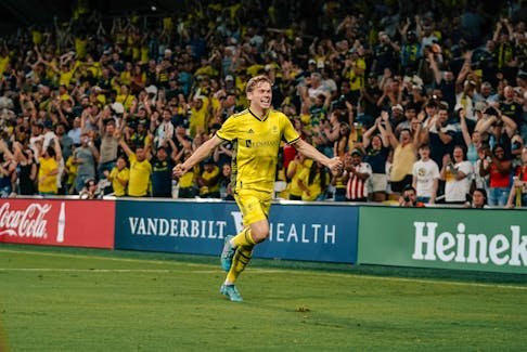 Nova Scotia's Jacob Shaffelburg celebrates with the crowd during an MLS appearance with Nashville FC this season. - Nashville FC