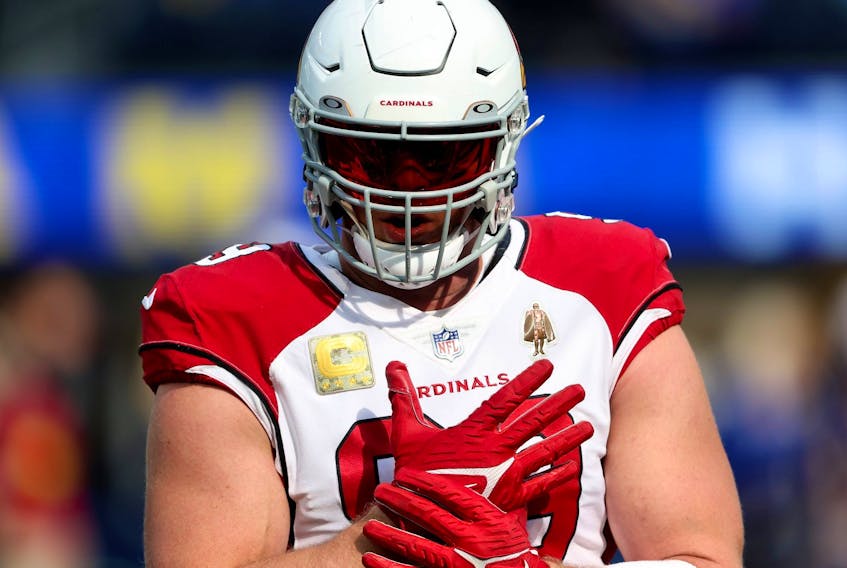 J.J. Watt of the Arizona Cardinals warms up prior to a game against the Los Angeles Rams at SoFi Stadium on November 13, 2022 in Inglewood, California.  