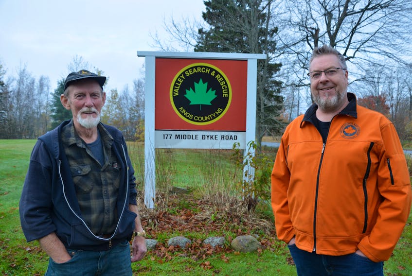 Longtime search director Dave Walsh, left, and president Ashley Perry at Valley Search and Rescue’s North Kentville headquarters. The organization recently celebrated its 50th anniversary. KIRK STARRATT
