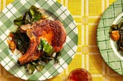  Skillet pork chops with vinegar and honey collards from Colu Cooks: Easy Fancy Food.