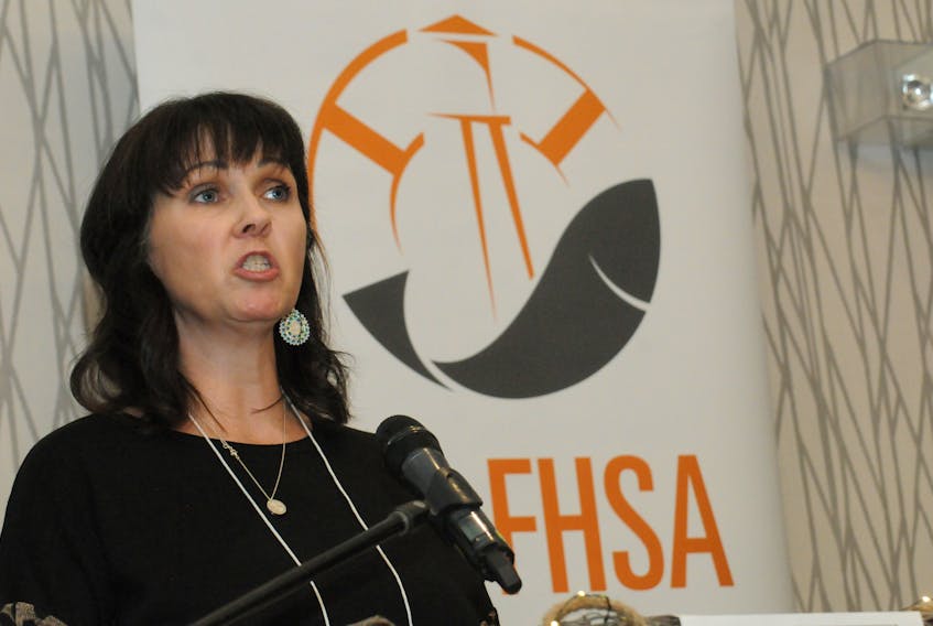 Jeannette Russell gives the keynote address during the Newfoundland and Labrador Fish Harvesting Safety Association’s symposium and awards gala Wednesday, Nov. 2, at the Holiday Inn in St. John’s. Joe Gibbons • The Telegram