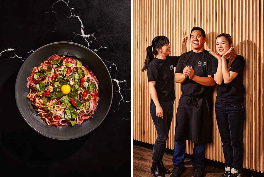  Left: Một Tô’s beef carpaccio is served with fresh herbs, quail egg and a spicy chili-lime vinaigrette. Right: Một Tô owners Sarah Luong, Long Thai and manager Hannah Chu put a Calgary twist on Vietnamese at their Crescent Heights restaurant.