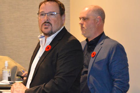 Doug Doucet, along with Chris Baldwin, make their case for developing the Sydney waterfront during a Nov. 8 CBRM council meeting. IAN NATHANSON/CAPE BRETON POST