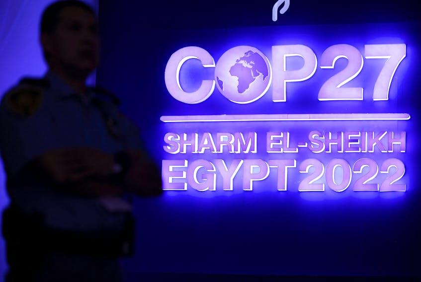 A security personal stands guard next to the COP27 sign during the closing plenary at the COP27 climate summit in Red Sea resort of Sharm el-Sheikh, Egypt, November 20, 2022. REUTERS/Mohamed Abd El Ghany  A security person stands guard next to the COP27 sign during the closing plenary at the COP27 climate summit in Red Sea resort of Sharm el-Sheikh, Egypt on Sunday. REUTERS/Mohamed Abd El Ghany