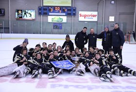 The Charlottetown Bulk Carriers Knights pose for a team photo after winning the 2022 Monctonian AAA Challenge in Moncton, N.B., on Nov. 20. The Knights, who went undefeated in six tournament games, built a 4-1 second-period lead and defeated the Fredericton Caps 4-3 in the title game. Contributed