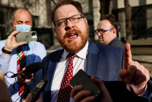 Freedom Corp. lawyer Brendan Miller speaks to the media after being kicked out of the Public Order Emergency Commission in Ottawa, Ontario, Canada November 22, 2022. 