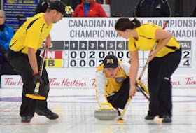 Manitoba skip Braden Calvert delivers a stone during the Canadian Mixed Curling championships hosted in Yarmouth in 2017. Calvert, along with team mates Kerri Einarson (third), Kyle Einarson (second) and Jennifer Clark-Rouirew (lead) were the silver medalists. KATHY JOHNSON FILE PHOTO