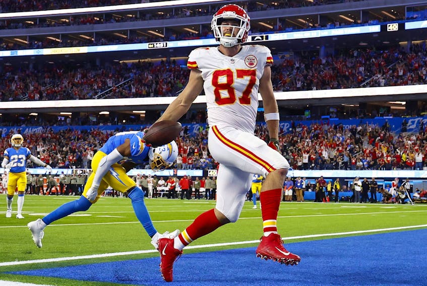 Chiefs tight end Travis Kelce one of his three touchdowns against the Los Angles Chargers on Monday night. 
