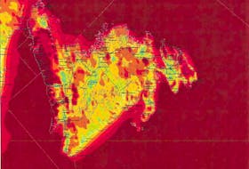 This wind speed map, showing higher speeds in red, is part of a report on potential wind farms done for Nalcor in 2015. (NLHydro)