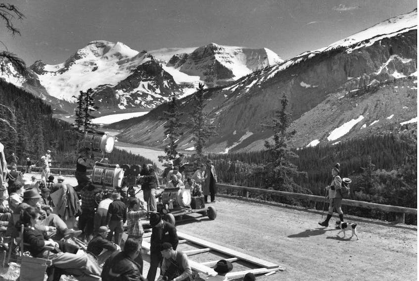  From Mary Graham’s A Stunning Backdrop: Alberta in the Movies, 1917-1960, published by Big Horn Books. Bing Crosby and his film dog filming a scene on the Icefields Parkway, Alberta, for The Emperor Waltz in 1946. Courtesy, Jasper Yellowhead Historical Society, The Emperor Waltz Photograph Collection, The Emperor Waltz photograph collection, PA–56–61. Jasper Yellowhead Museum and Archives, Jasper, Alberta.