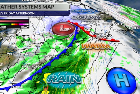 A trough moving out of Quebec will spawn a new low off the coast of Nova Scotia this weekend.