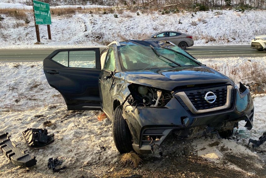 The male driver of this vehicle was sent to hospital following a rollover on Pitts Memorial Drive near Mount Pearl on Thursday morning, Nov. 24, 2022.