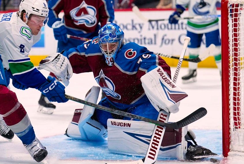  Colorado Avalanche goaltender Pavel Francouz gave up four goals on just 26 shots by the Canucks, including three goals from right in front of the net.