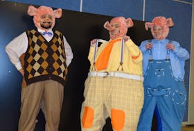 Mark Ibrahim, Jess Cheverie and Jake Demont play the three pigs in Shrek the Musical at NNEC.