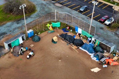 A group of tents belonging to those experiencing homelessness, are seen at ball field in Lower Sackville on Nov. 17. The seven people who now reside there were all evicted from the closure of the Bluenose Motel earlier this year.
