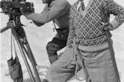  From Mary Graham’s A Stunning Backdrop: Alberta in the Movies, 1917-1960, published by Big Horn Books. Ernst Lubitsch, right, with a rope tied around his waist for safety and a cameraman filming a scene for Eternal Love on the Victoria Glacier in 1928. Peter and Catharine Whyte Fonds, V683/II/A/PA–506. Courtesy of the Archives and Library, Whyte Museum of the Canadian Rockies, Banff, Alberta.