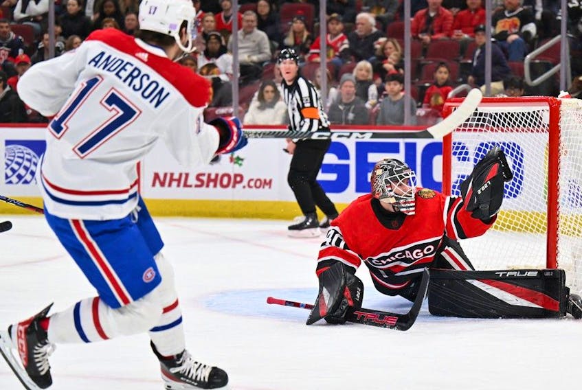 Canadiens forward Josh Anderson is robbed by Blackhawks goalie Arvid Soderblom during first-period action at the United Center Friday afternoon in Chicago.