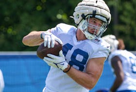Nikola Kalinic of the Indianapolis Colts is seen during training camp at Grand Park on August 3, 2022 in Westfield, Indiana.  