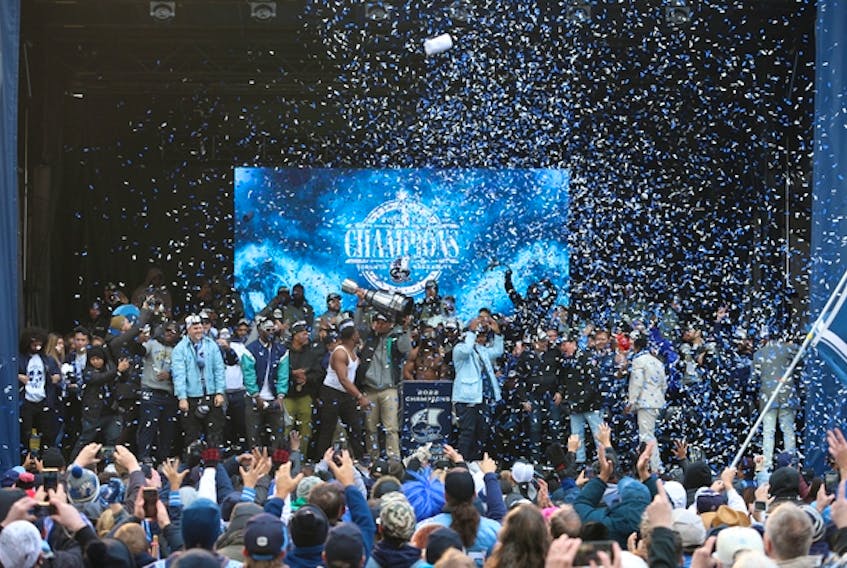 Confetti blasts to cap off the Toronto Argonauts victory rally at Maple Leaf Square as they celebrate their recent Grey Cup championship, on Thursday, Nov. 24, 2022.