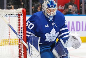 Erik Kallgren of the Toronto Maple Leafs protects the corner against the Boston Bruins during an NHL game at Scotiabank Arena on Nov. 5, 2022 in Toronto.