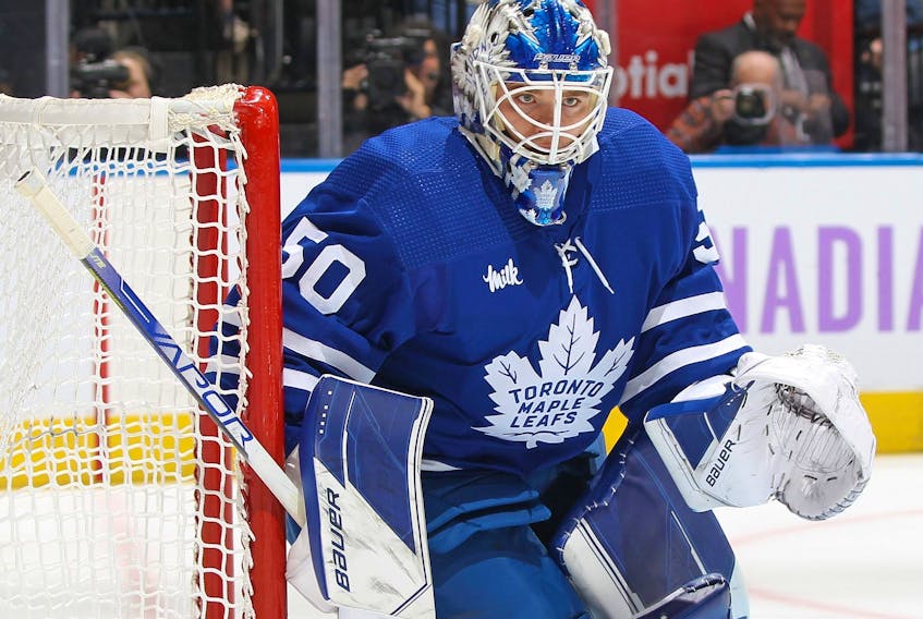 Erik Kallgren of the Toronto Maple Leafs protects the corner against the Boston Bruins during an NHL game at Scotiabank Arena on Nov. 5, 2022 in Toronto.
