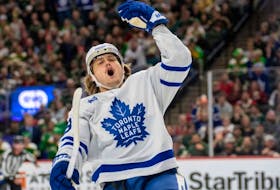 Toronto Maple Leafs right wing William Nylander celebrates after scoring in the third period against the Minnesota Wild at Xcel Energy Center on Nov. 25, 2022.
