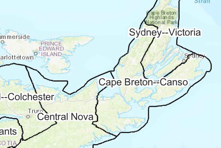 This map shows the present boundaries of Cape Breton’s two federal ridings. Sydney-Victoria comprises a portion of the heavily-populated eastern CBRM area, parts of the municipality’s rural areas and Victoria County. The Cape Breton-Canso constituency stretches from Glace Bay to Canso and from Pleasant Bay to Arichat. SOURCE – FEDERAL ELECTORAL BOUNDARIES COMMISSION FOR NOVA SCOTIA