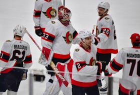 Ottawa Senators players celebrate the victory over the Anaheim Ducks on Friday at the Honda Center.