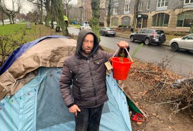 Jesse, who only goes by his first name, has set up a perimeter of tree branches around the tent he pitched on a University Avenue median. He's set up Christmas lights and has two small Christmas trees growing in a bucket in his compound.