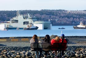 Nov. 27, 2022--Spectators at Seaview Park in Halifax watch the progress of the launch of HMCS William Hall from its floating drydock in the Bedford Basin on Sunday afternoon. The William Hall, the fourth Arctic and Offshore Patrol Ship is named in honour of Petty Officer William Hall, a Canadian naval hero, for his actions at the Relief of Lucknow, India, on Nov. 16, 1857 during the Indian Rebellion.
ERIC WYNNE/Chronicle Herald