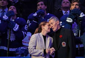 Former Toronto Maple Leaf Borje Salming is honored during a pregame ceremony prior to the game between the Toronto Maple Leafs at the Scotiabank Arena on November 11, 2022 in Toronto, Ontario, Canada. Salming, joined with his wife Pia,  was diagnosed with ALS earlier this year. at the Scotiabank Arena on November 12, 2022 in Toronto, Ontario, Canada.