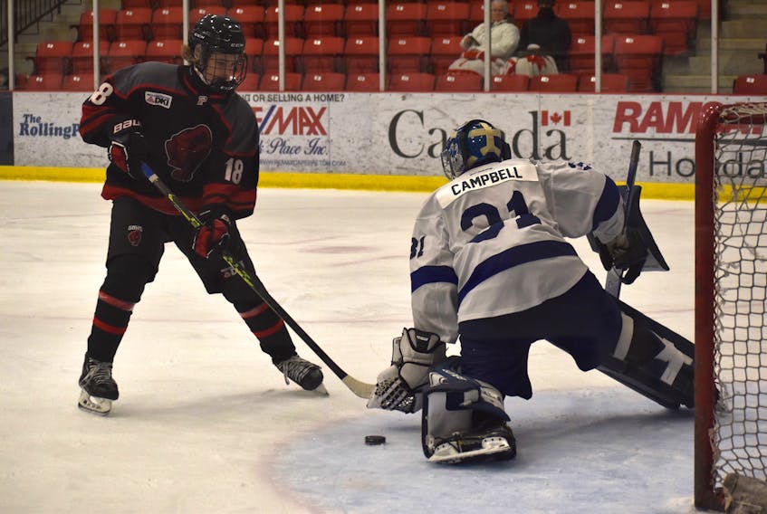 Brody Campbell of the Sydney Academy Wildcats, right, makes a left pad save on Brady Matheson of the Glace Bay Panthers on a breakaway during Cape Breton High School Hockey League action at the Membertou Sport and Wellness Centre on Tuesday. Glace Bay won the game 4-2. JEREMY FRASER/CAPE BRETON POST.