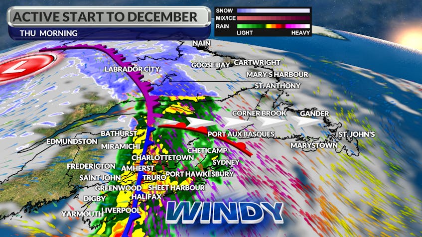 A powerful frontal boundary will bring significant rain and wind to Atlantic Canada Wednesday night-Thursday.