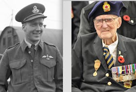 A young Jim McRae (right) while serving during the Second World War, and McRae attending the 2022 Remembrance Day ceremony in Yarmouth. McRae turned 105 years old on Nov. 28.
