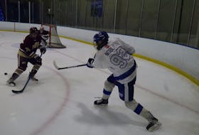 With the 2022 Monctonian AAA Hockey Challenge finished, teams in the Newfoundland and Labrador Under-18 Major Hockey League will turn their attention to finishing out the first half of the season starting this weekend in Harbour Grace and St. John’s. Here, Liam Noble of the East Coast Blizzard centres the puck, is shown in action against the Ontario Hockey Academy at the Monctonian Challenge. Photo courtesy Matthew Little