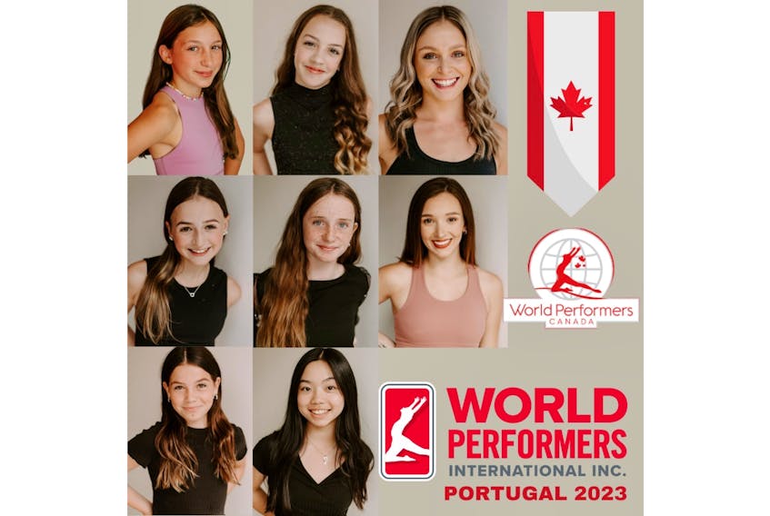 Eight P.E.I. dancers are heading to the Dance World Cup in Braga, Portugal in June 2023. The group includes dancers, shown top, from left, Clare Haggis, Zoe Matters and 24strong studio owner Lacey Koughan; middle, from left, Mia Cooper, Lachlyn Panelas and 24strong’s competitive program director Brigitte Carroll; and bottom, from left, Mackenzie Gass and Hannah Chen. Contributed