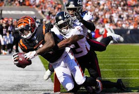 Cincinnati Bengals wide receiver Ja'Marr Chase pulls in a catch for a touchdown in the second quarter of the NFL Week 7 game between the Cincinnati Bengals and the Atlanta Falcons at Paycor Stadium in downtown Cincinnati on Sunday, Oct. 23, 2022. The Bengals led 28-17 at halftime.   