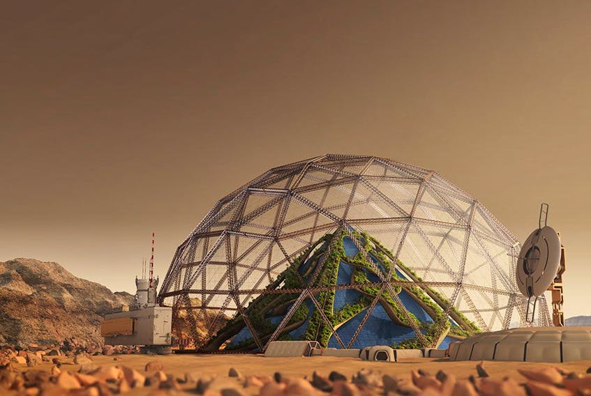 Lenore Newman thinks there will be conservatory-style domes on Mars — like the one in an artist’s rendering — but most food-producing plants will need to be grown in factories. ILLUSTRATION BY GETTY IMAGES