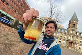 Stephen Mackay is seen with Yolko Ono, a single pickled egg for his Out of the Cold charity fundraiser, in Halifax Monday November 28, 2022. 

Tim KROCHAK PHOTO